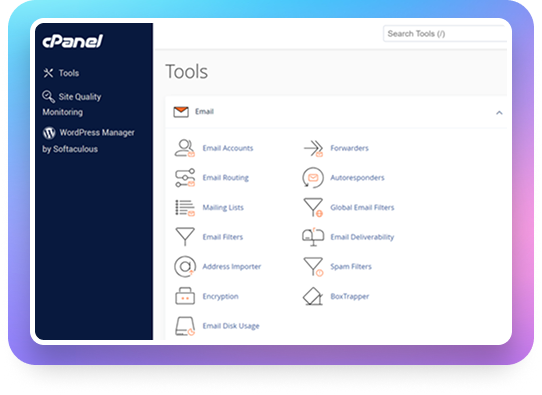 cPanel control panel for turbo hosting management